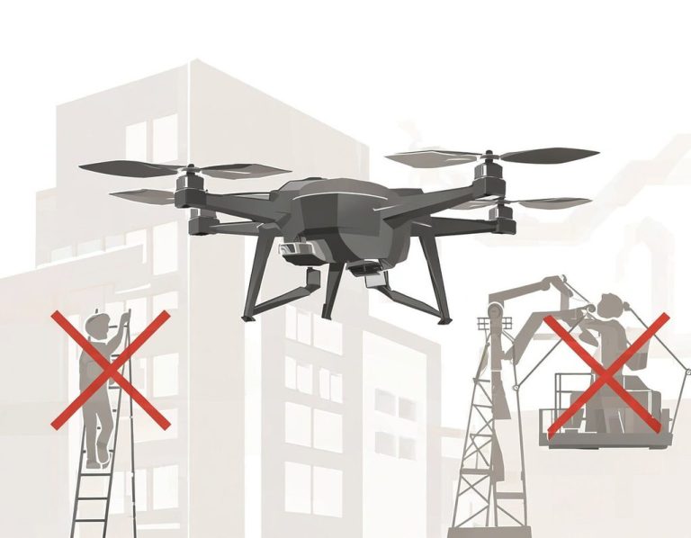 Grafik für den Vorteil „Sicher“ Vorteil Arbeitssicherheit: Drohne im Einsatz vor einem Gebäude, während gefährliche Arbeiten auf Leitern und Hubsteigern rot gestrichen sind