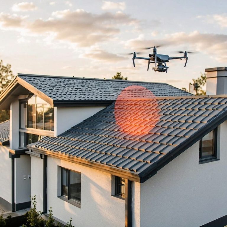 Inspektion Eine professionelle Inspektionsdrohne fliegt über das Dach eines Wohnhauses zur Schadenserkennung