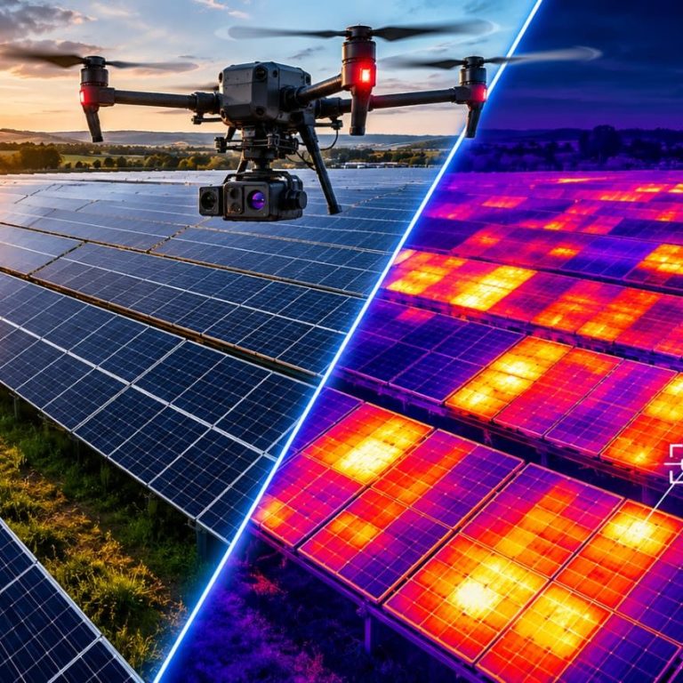 Thermografie Drohnen-Photovoltaik-Check mit Split-Screen-Ansicht aus realem Foto und radiometrischem Infrarot-Wärmebild