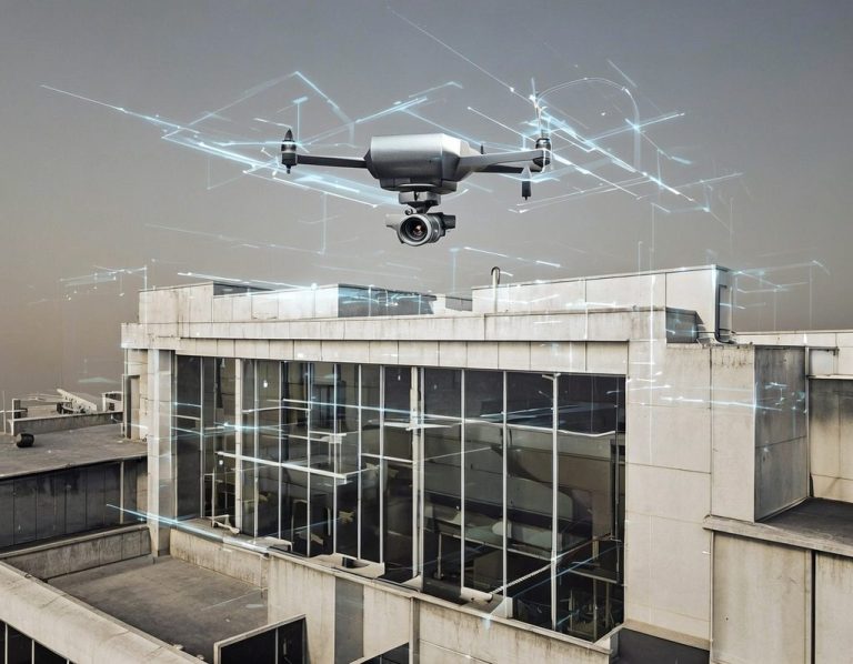 Grafik für den Vorteil „Präzise“ Professionelle Kamera-Drohne im Flug über einem modernen Glasgebäude mit eingeblendeten digitalen Mess- und Datenlinien