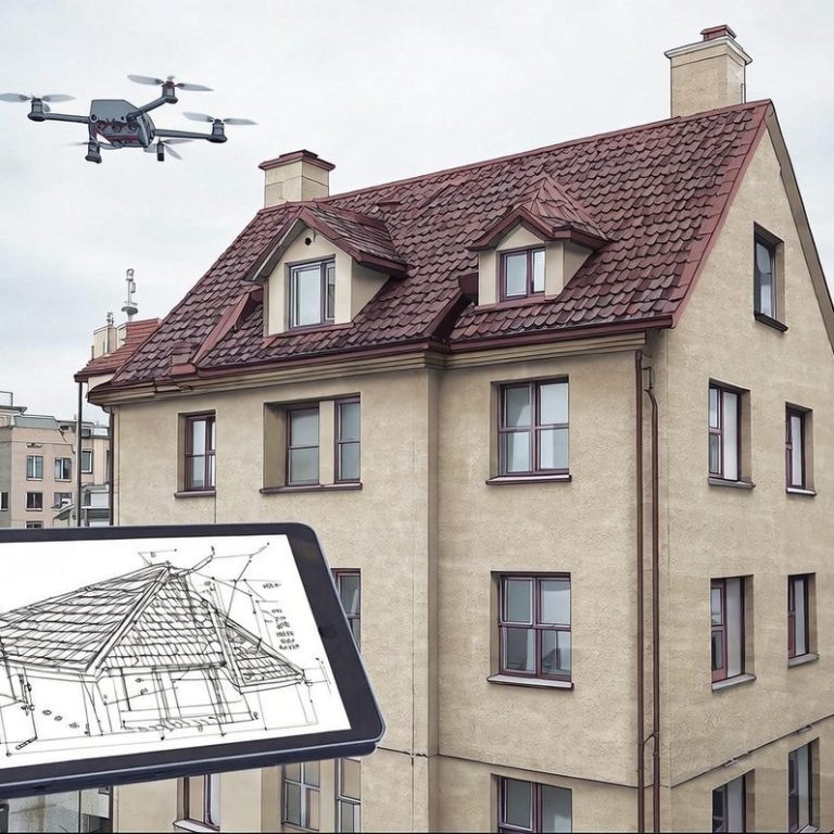 Vermessung Eine professionelle Drohne fliegt über ein Gebäude und erstellt eine digitale Gebäude-Vermessung für exakte 3D-Zwillinge und Aufmaße